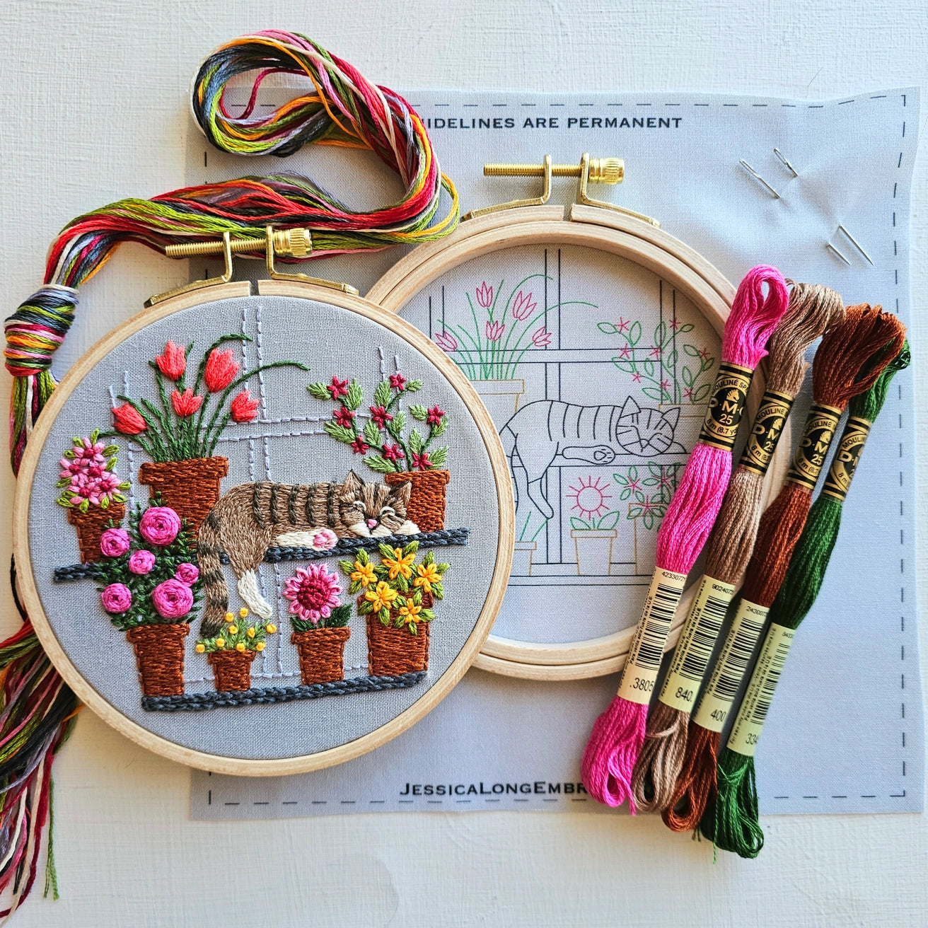 Catnap with Flowers Embroidery Kit - Jessica Long Embroidery