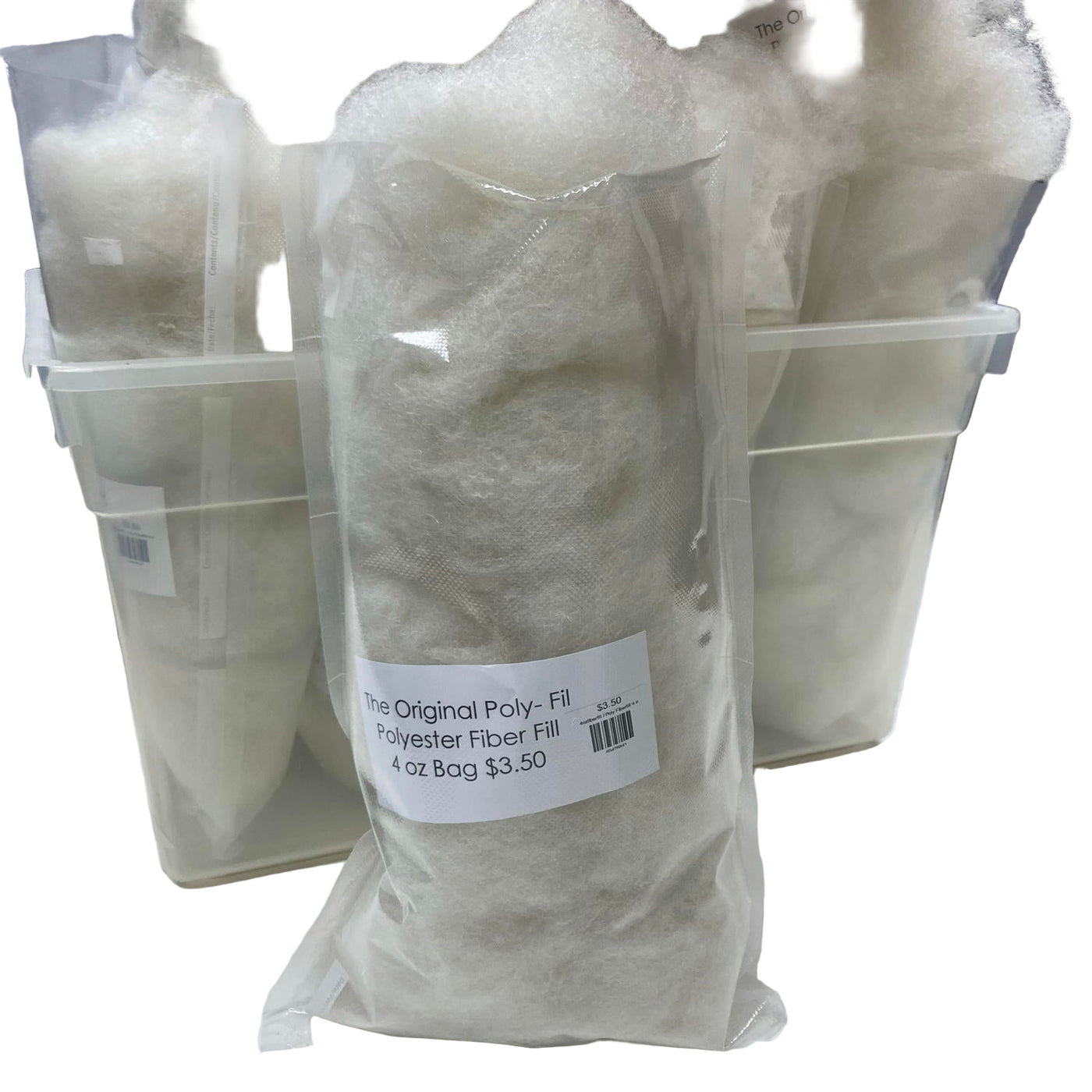 Three bags of polyester fiber fill with a label on a white background