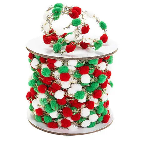 Pom Pom Wire Ribbon Red, White, Green