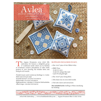 Aegean Ornaments Blue Cross Stitch Kit - Avlea Folk Embroidery