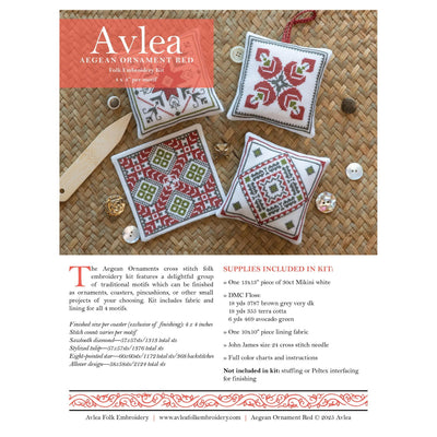 Aegean Ornaments Red Cross Stitch Kit - Avlea Folk Embroidery
