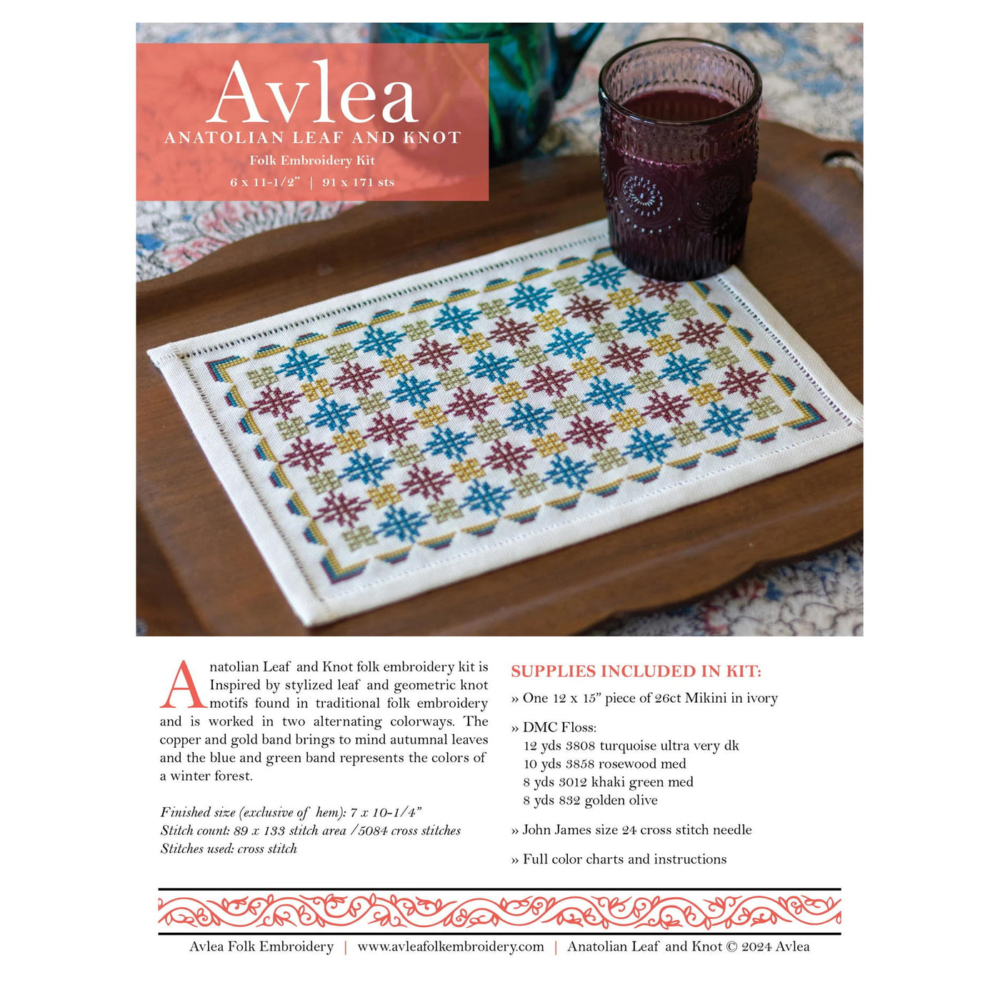 Anatolian Leaf & Knot Cross Stitch Kit - Avlea Folk Embroidery