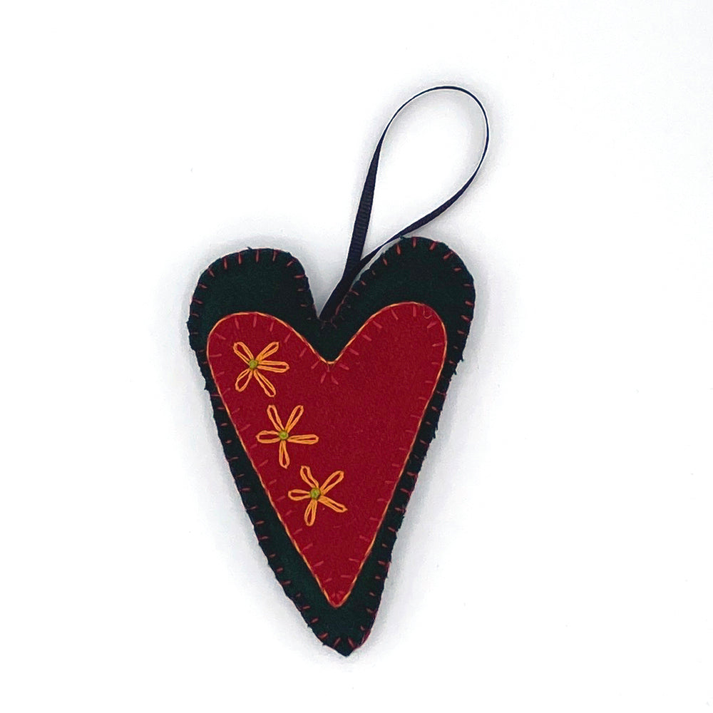 Wool Heart Ornament - Green & Red with Flowers- Employee Boutique