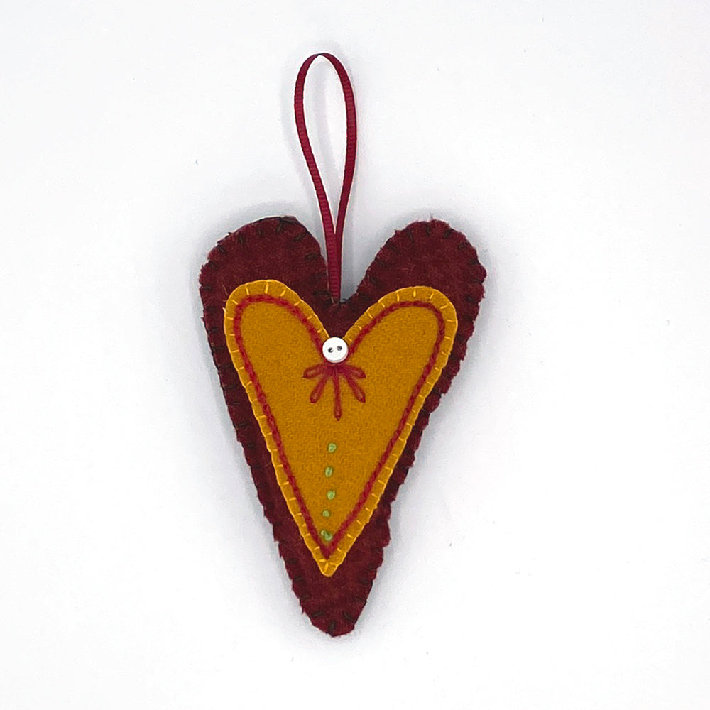 Primitive Wool Heart Ornament - Red & Gold 2