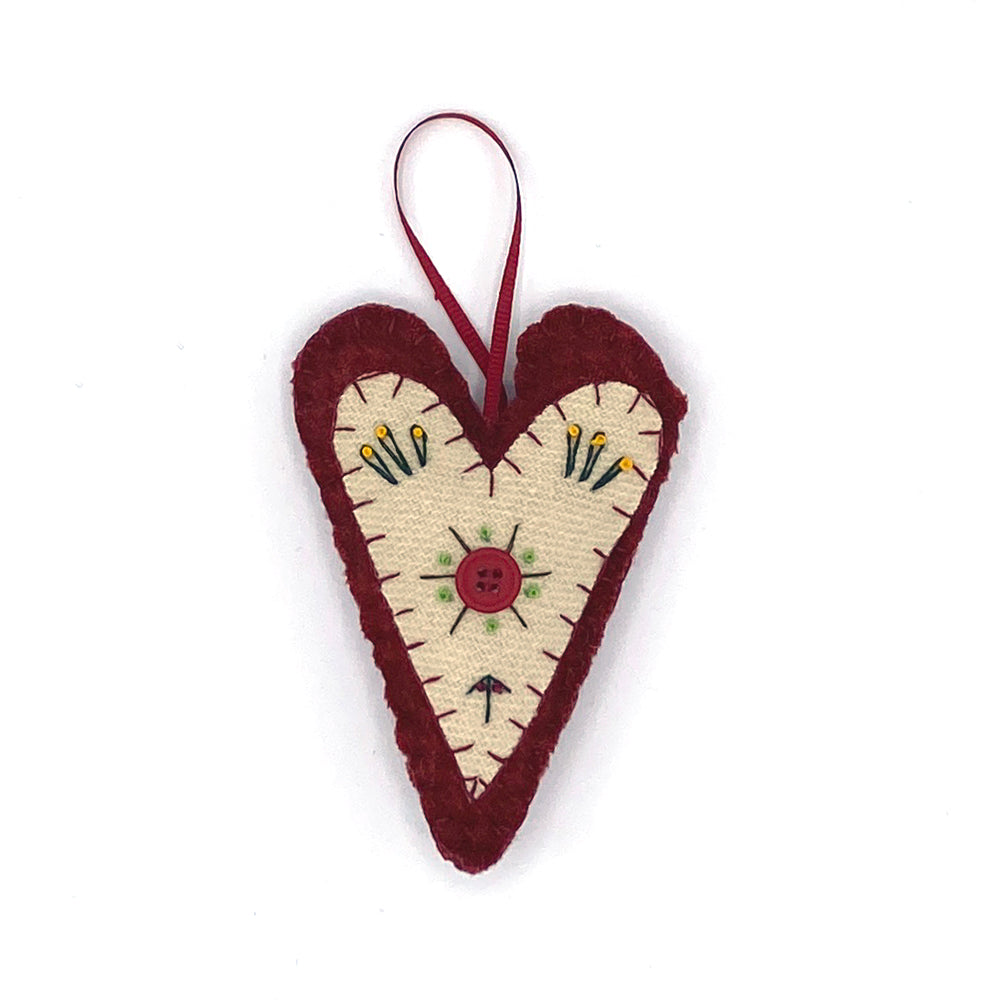 Wool Heart Ornament with Red Button - Red & White - Employee Boutique