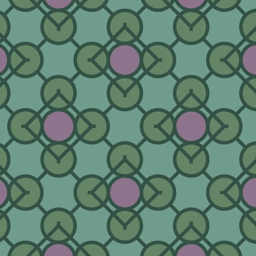A fabric with a geometric pattern featuring Wright Prisms in green and lilac colors.