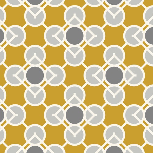 A textile design featuring geometric shapes in gold and gray colors on a yellow background.