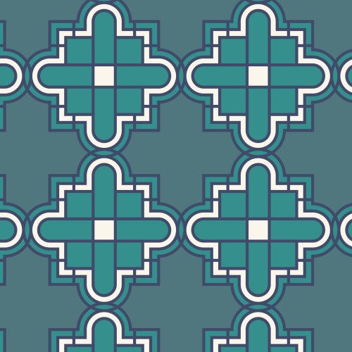 A fabric with a geometric pattern featuring teal blue shapes