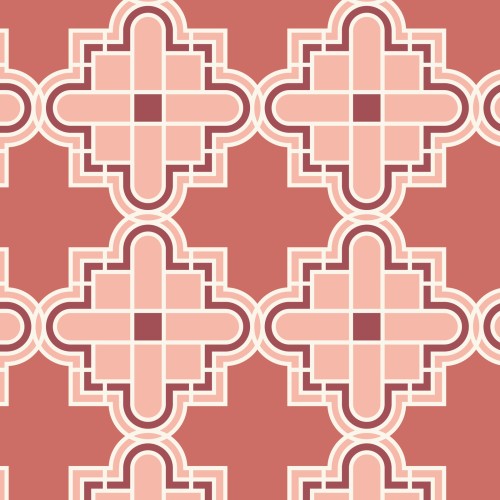 A textile design featuring a geometric pattern with coral and red colors, based on the Wright Prisms collection.