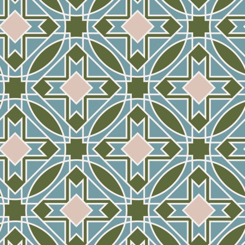 A textile design featuring a geometric pattern with Wright Prisms in multicolored shades of blue and green on a fabric.