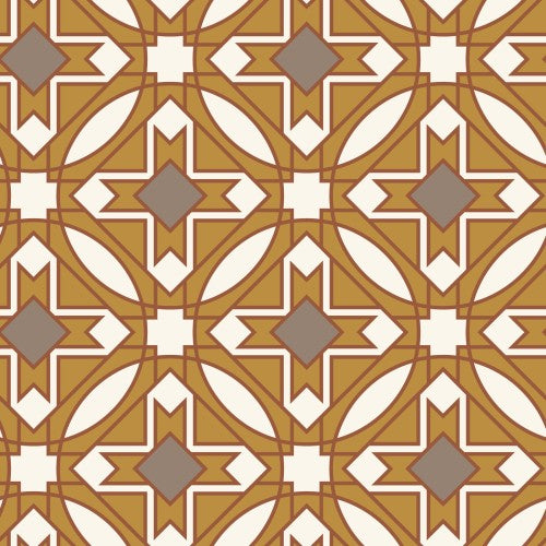 A patterned fabric featuring a geometric design in Wright Prisms, predominantly in mustard brown and white colors.