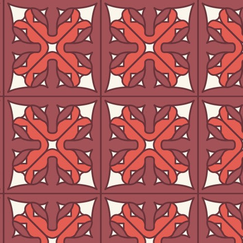 A swatch of Wright Prisms red fabric with a geometric pattern designed by Frank Lloyd Wright.