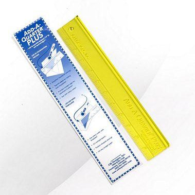 Yellow ruler with blue and white label on a white background