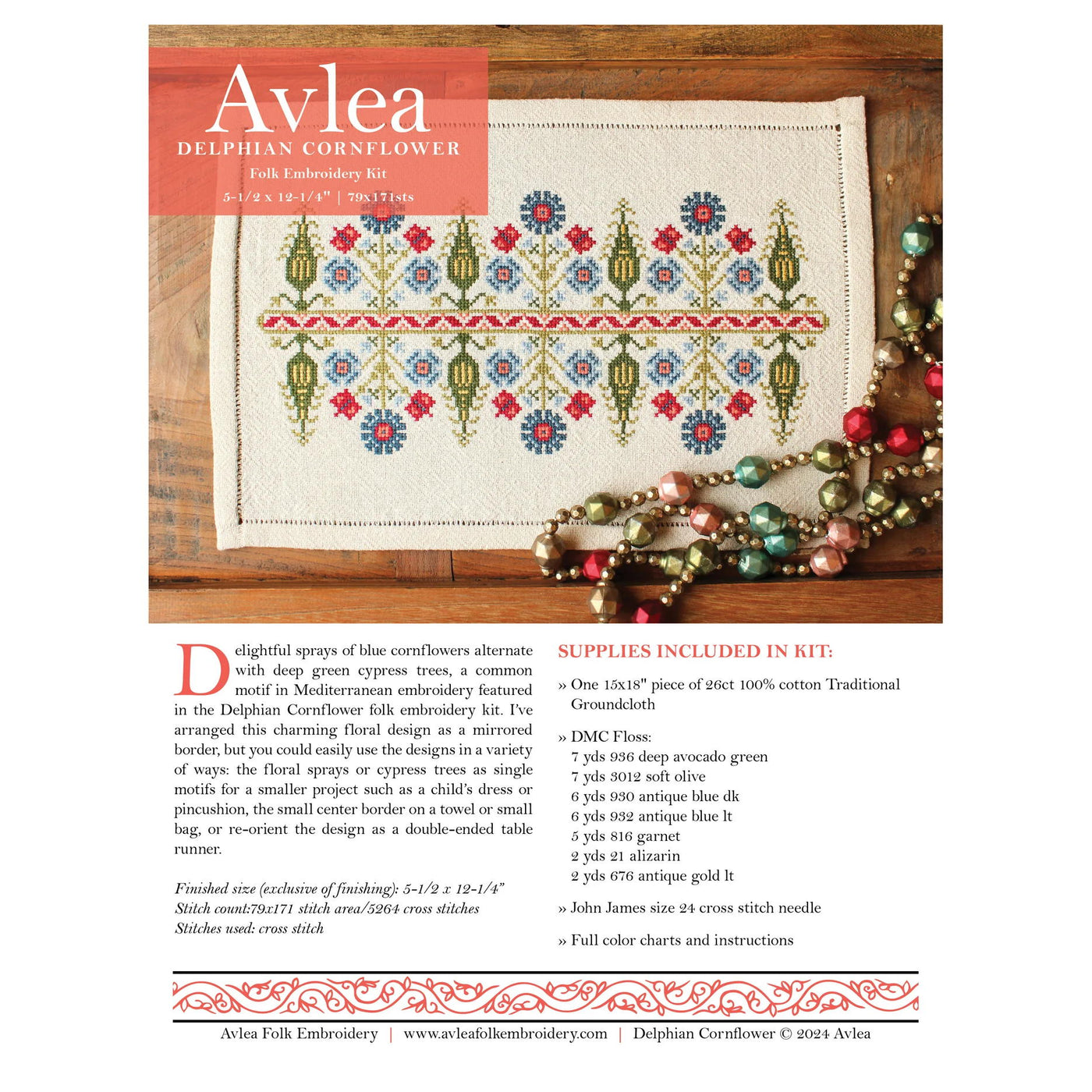 Delphian Cornflower Cross Stitch Kit - Avlea Folk Embroidery