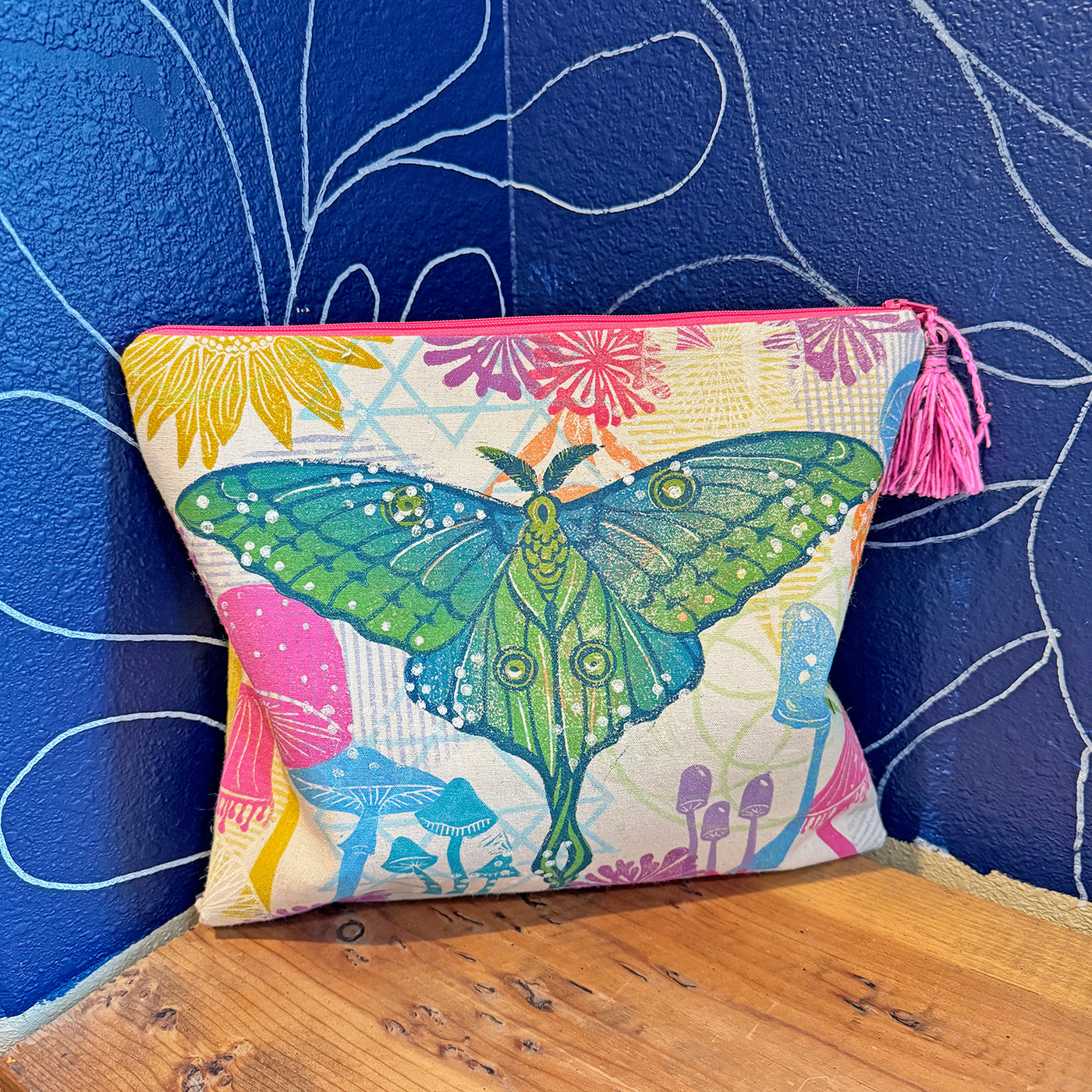 Luna Moth 2 Block Printed Zipper Pouch - by Valori Wells