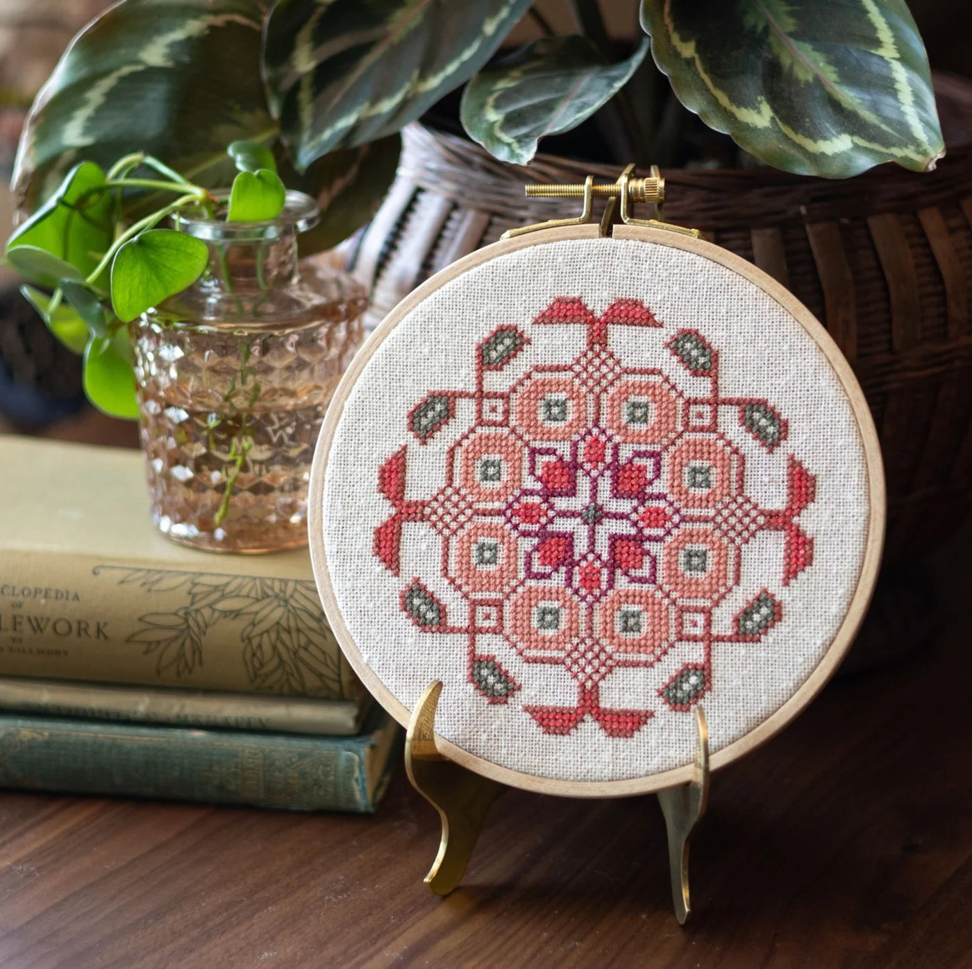 Mediterranean Medallion Coral Hoop Cross Stitch Kit - Avlea Folk Embroidery