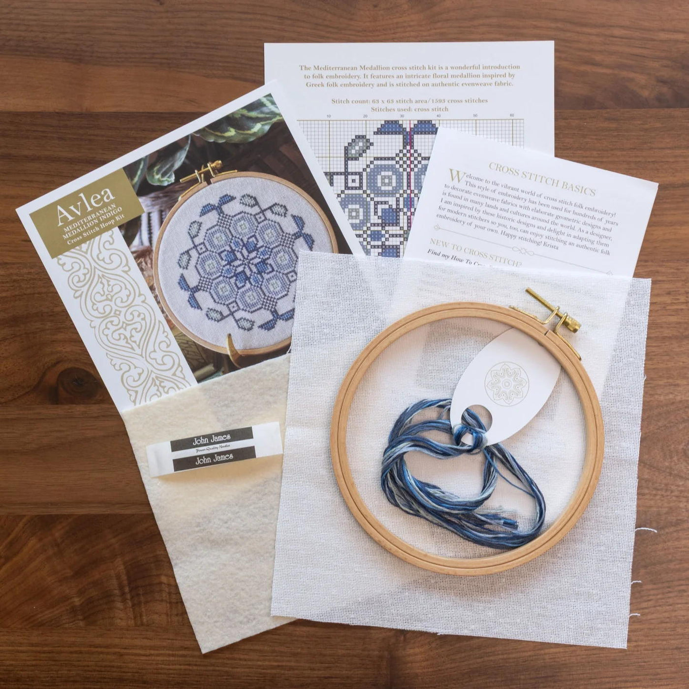 Mediterranean Medallion Indigo Hoop Cross Stitch Kit - Avlea Folk Embroidery