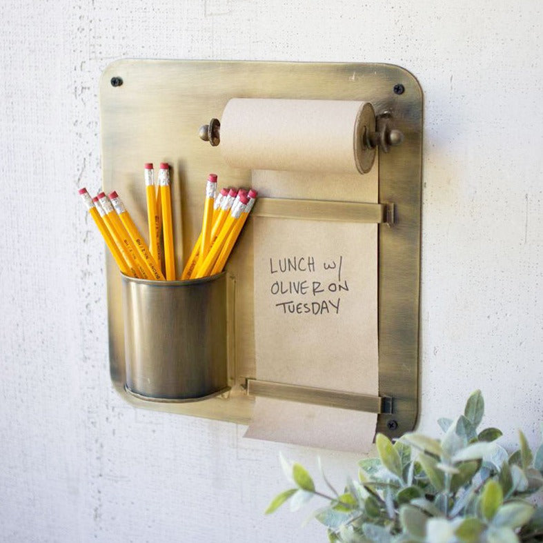 Brass Hanging Note Roll and Pencil Cup