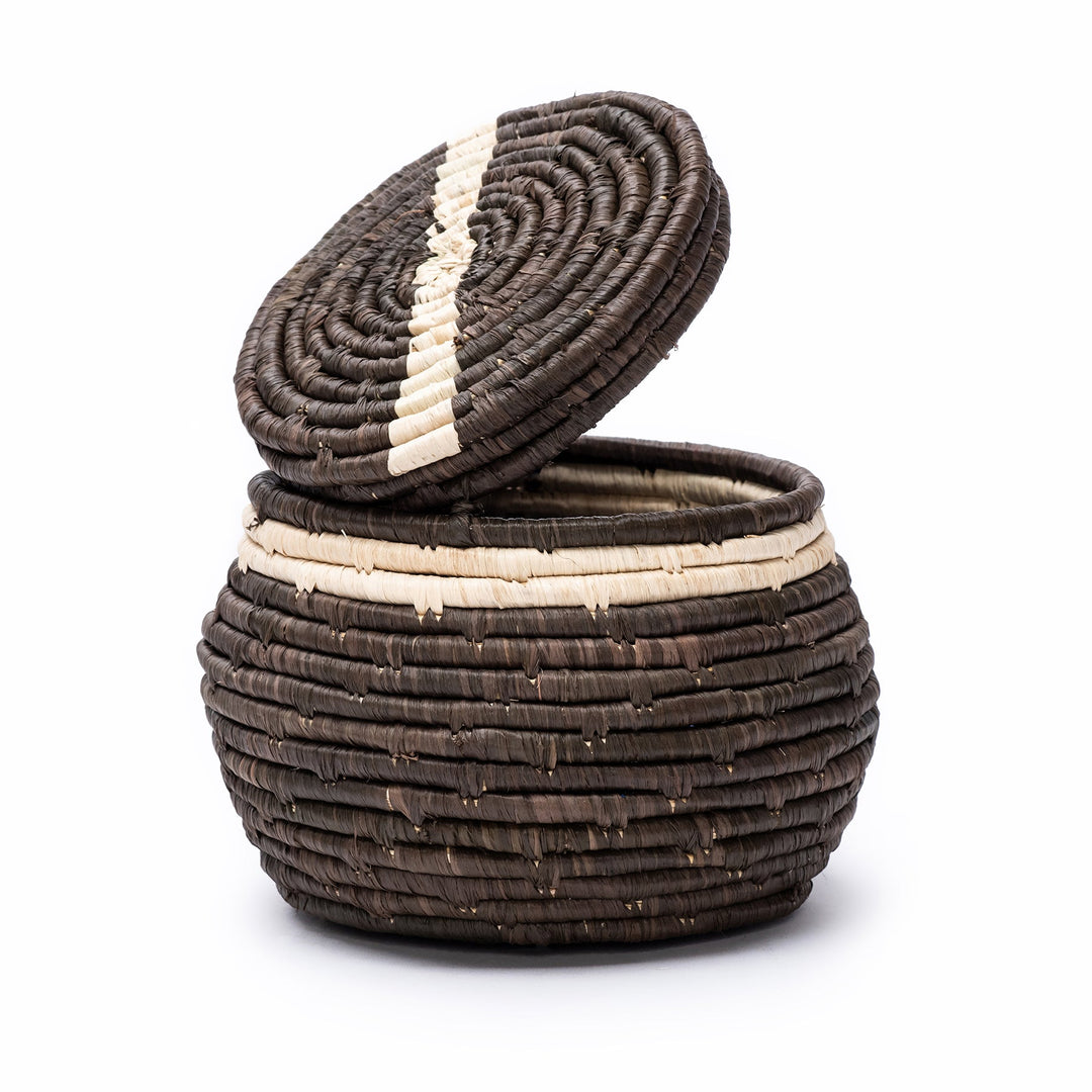 Kazi Medium Lidded Basket in Brown and Natural