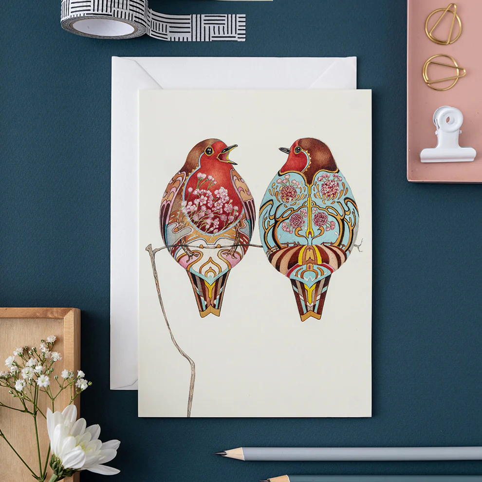 Two Robins Greeting Card by DM Collection