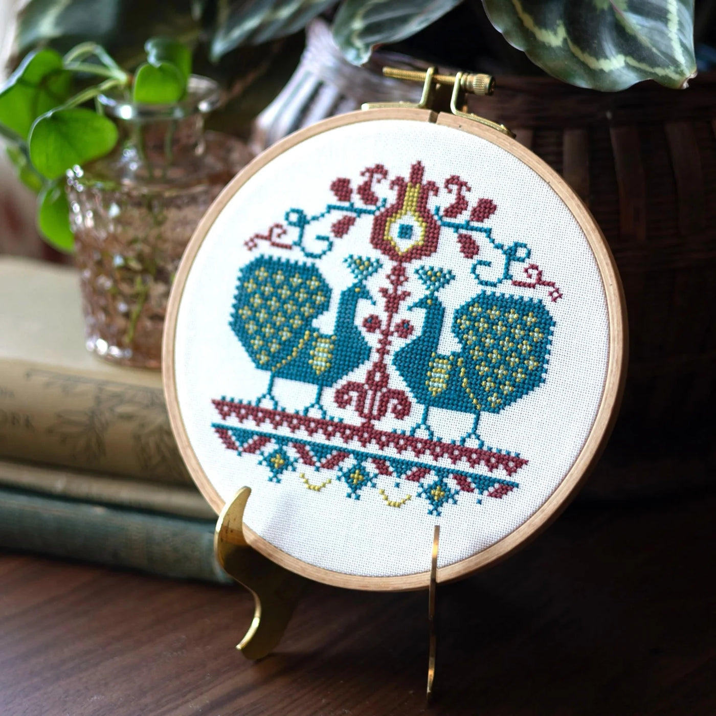 Vlachernai Peacocks Hoop Cross Stitch Kit - Avlea Folk Embroidery