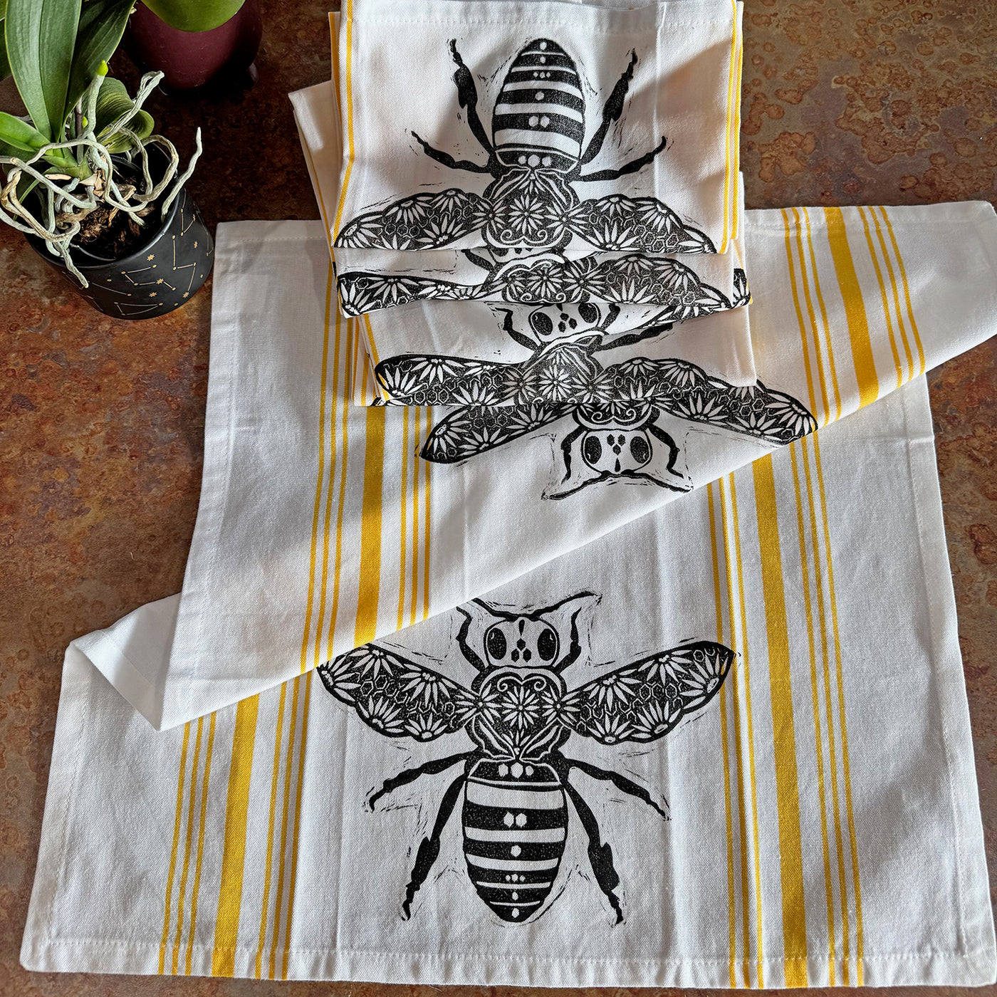 Bee Yellow Striped Block Printed Kitchen Towel - by Valori Wells