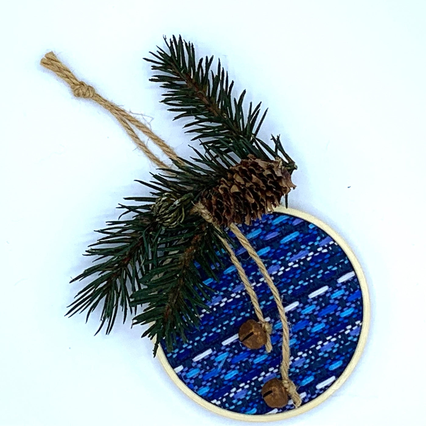 Rustic Holiday Embroidery Hoop Ornament - Blue Woven