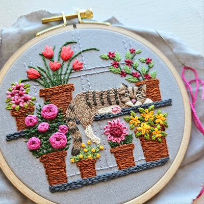 Catnap with Flowers Embroidery Kit - Jessica Long Embroidery