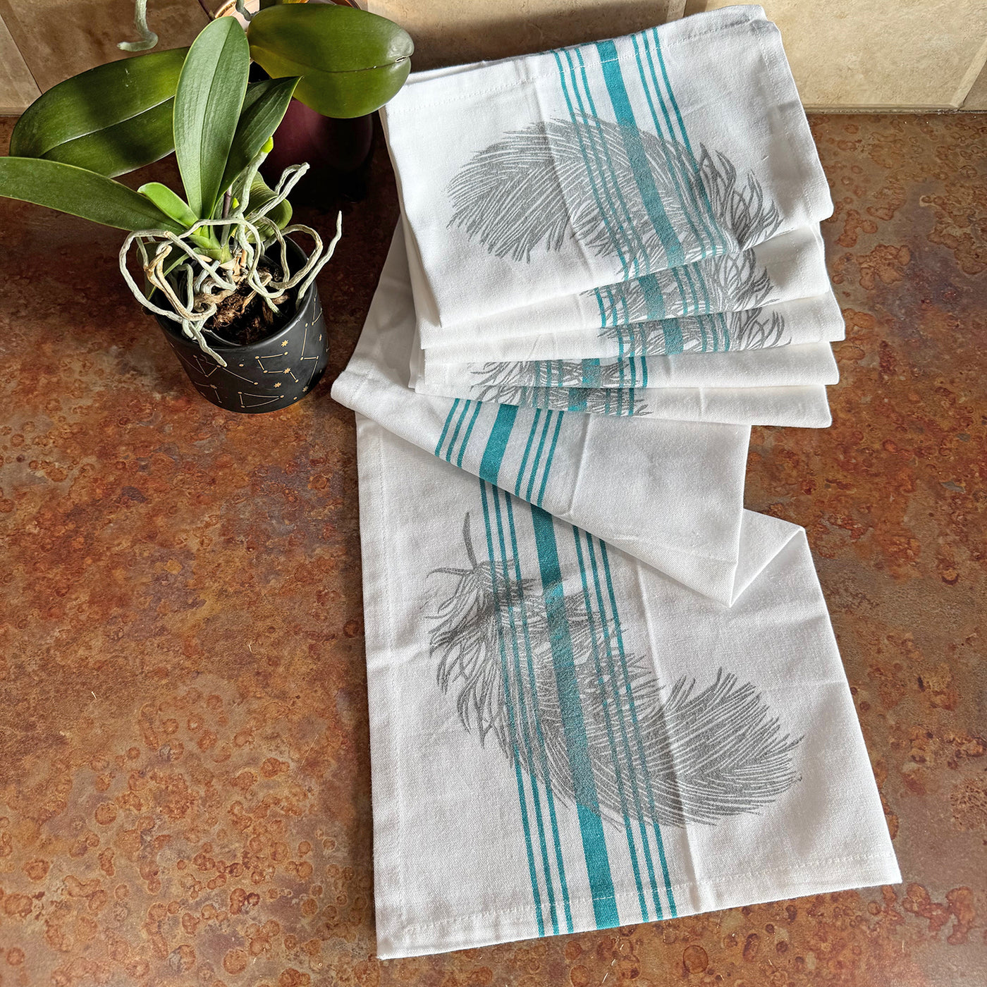 Feather Teal Striped Block Printed Kitchen Towel - by Valori Wells