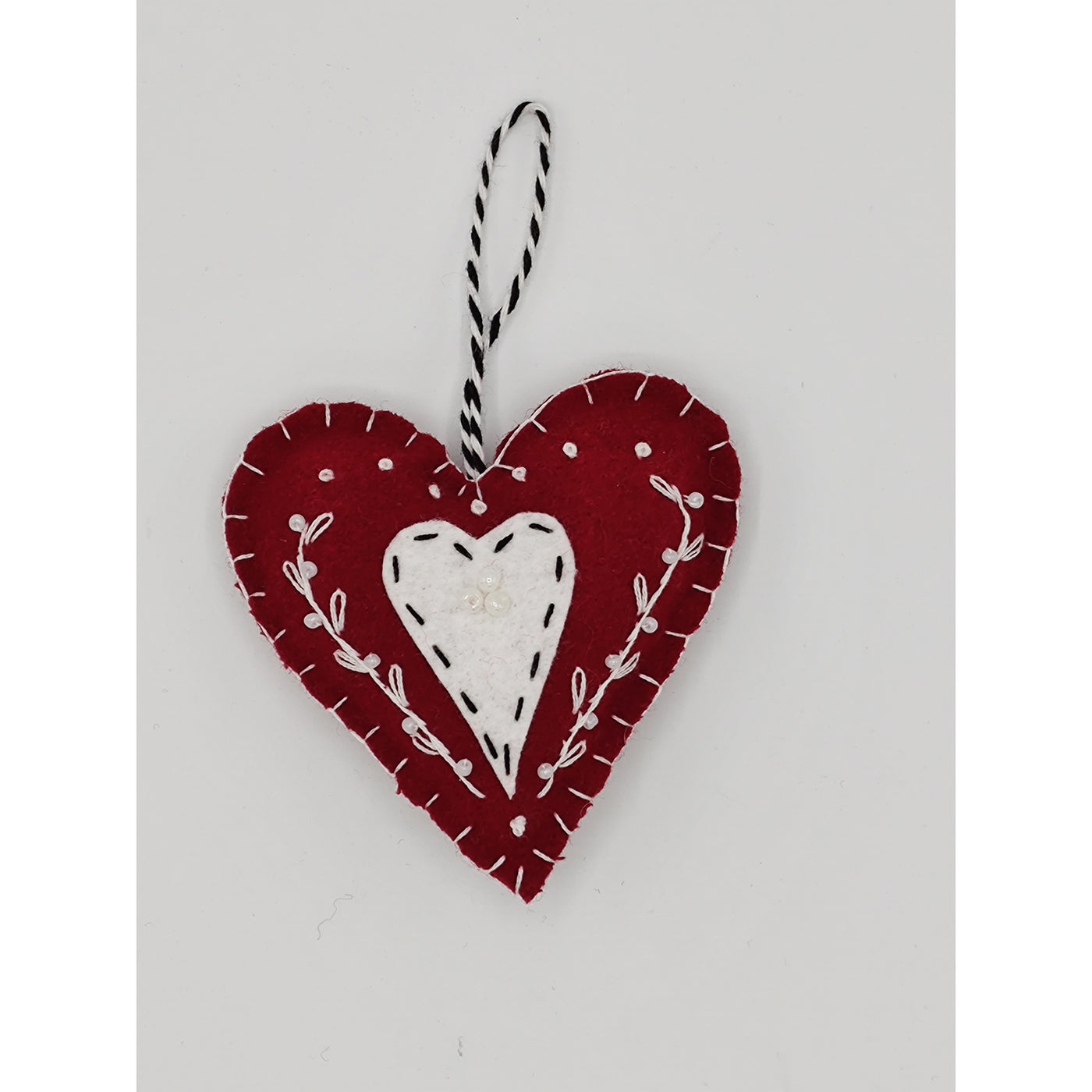 Wool Heart Ornament - White, Red & Black - Employee Boutique