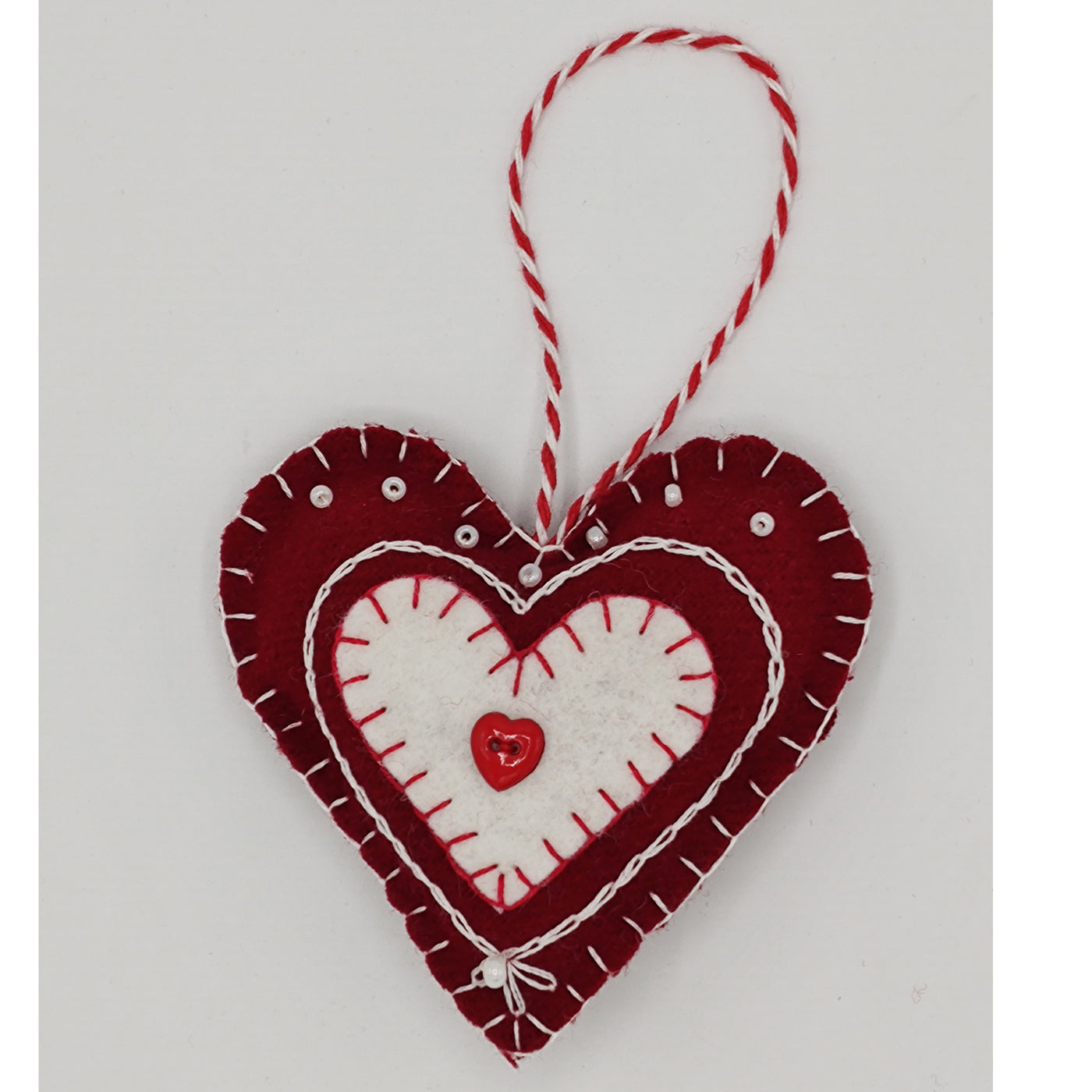 Wool Heart Ornament - Red & White Heart Button - Employee Boutique