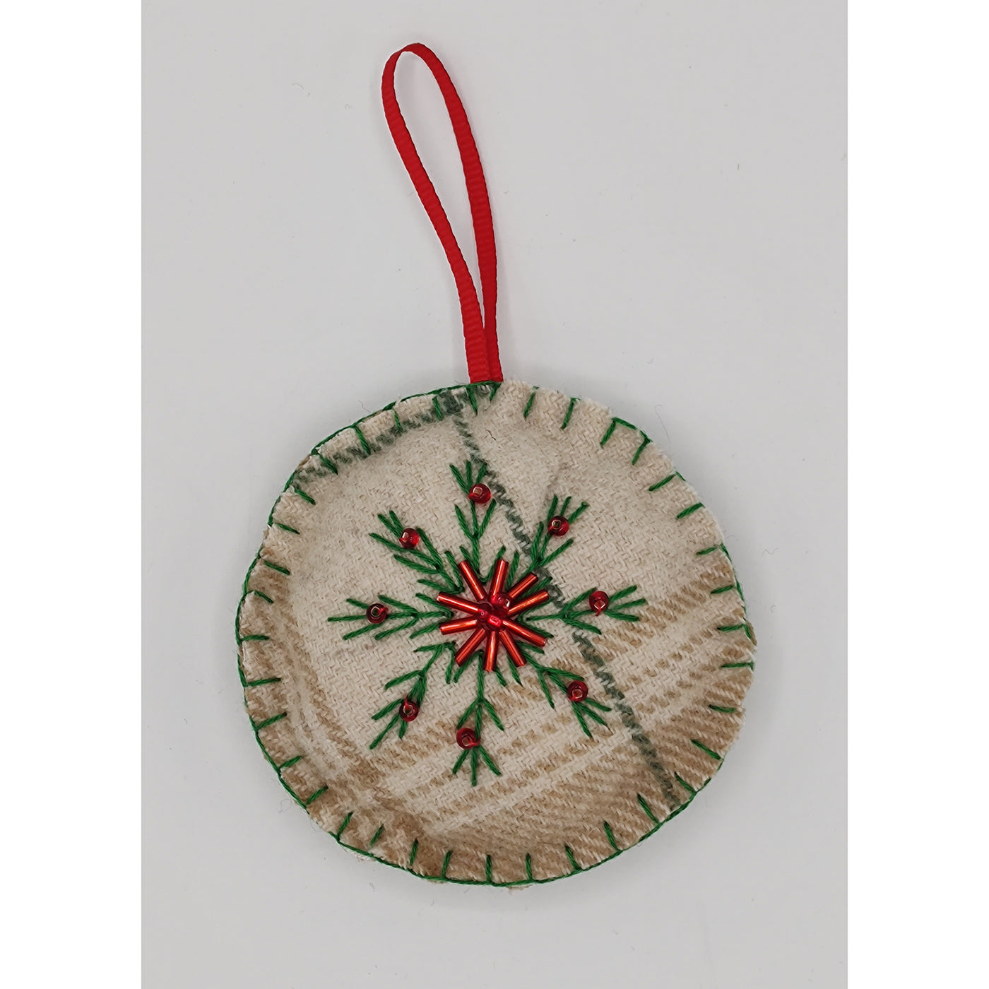 Wool Plaid Ornament - Tan Plaid with Red Beads - Employee Boutique