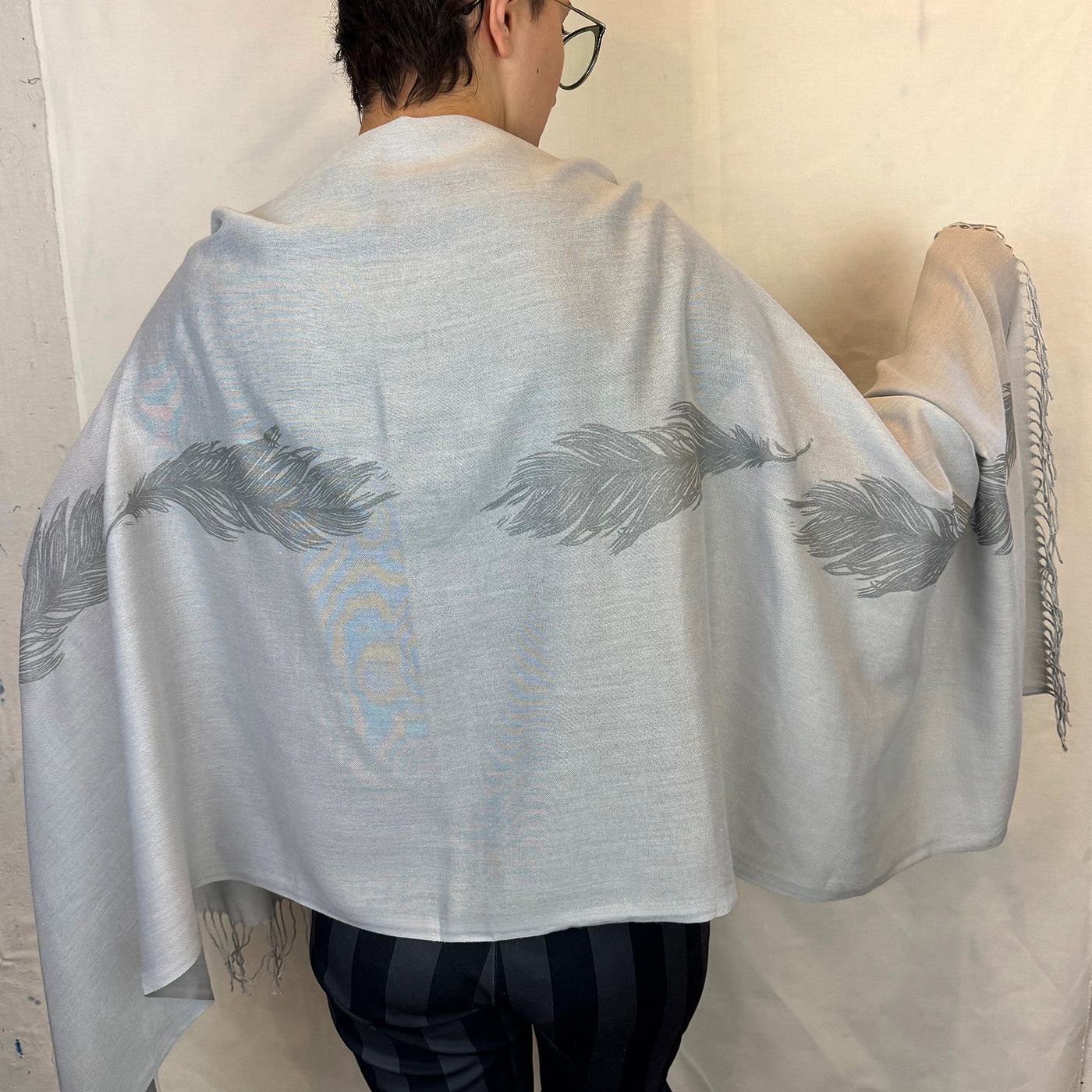 Silver Feather Hand Printed Shawl - Valori Wells