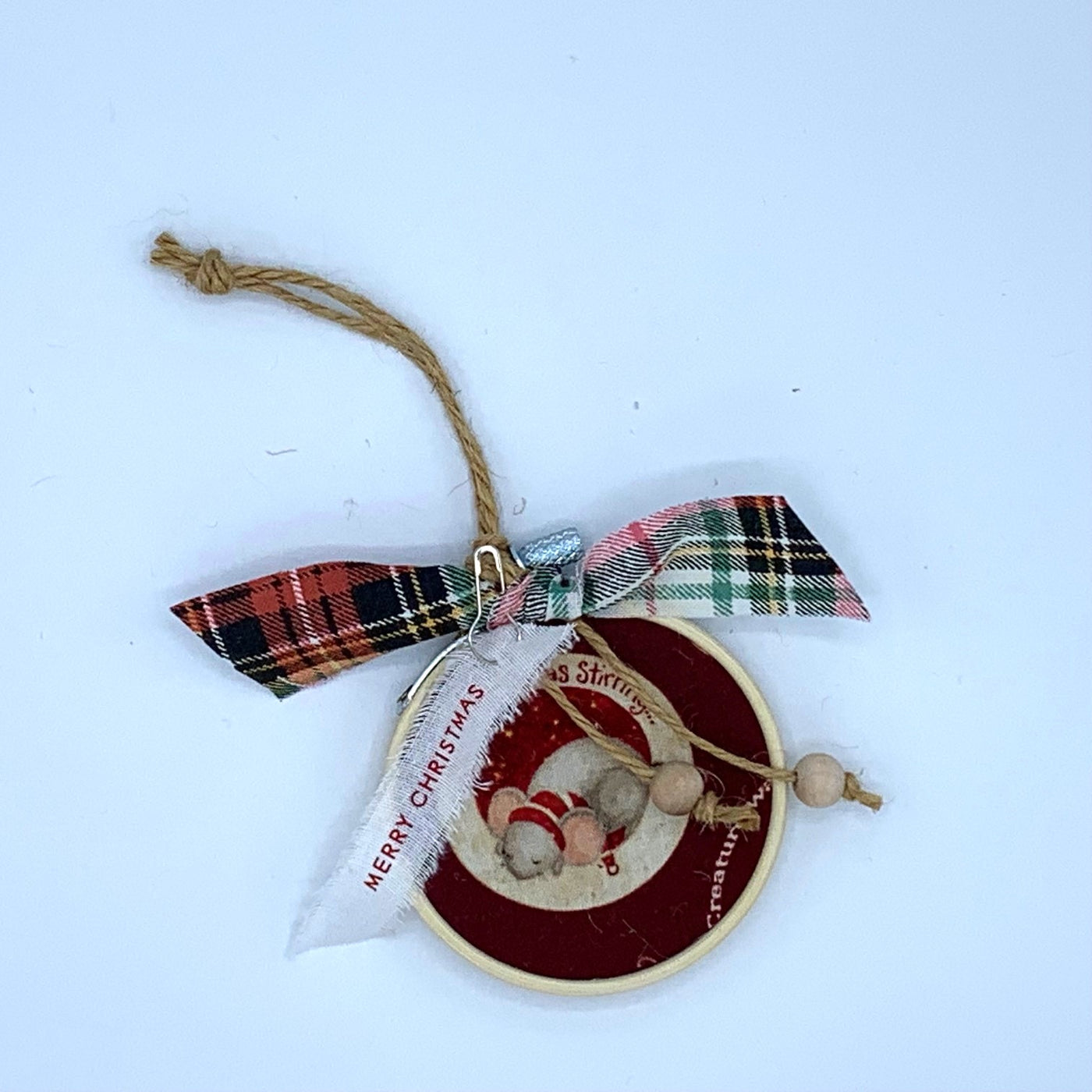 Rustic Holiday Embroidery Hoop Ornament - Mice