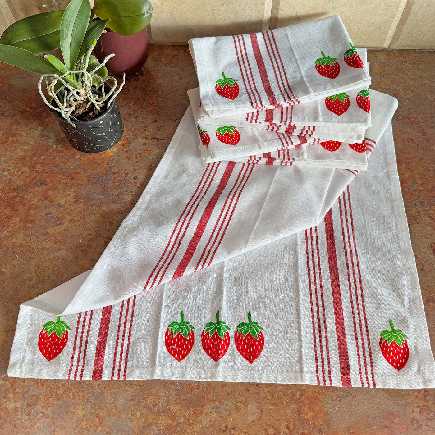 Strawberry Red Striped Block Printed Kitchen Towel - by Valori Wells