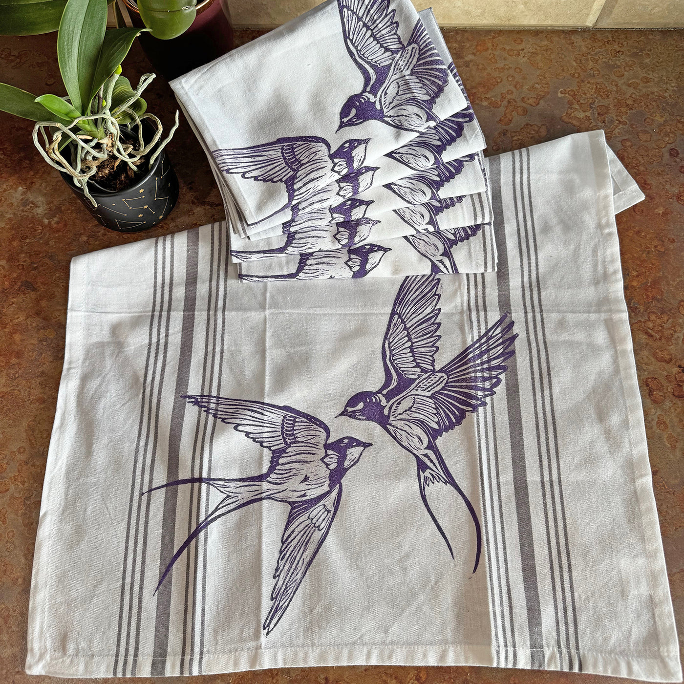 Swallow Grey Striped Block Printed Kitchen Towel - by Valori Wells