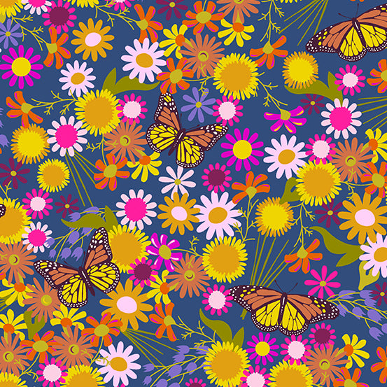 Wildflowers by Alison Glass Monarchs and Flowers in Denim A-670-B