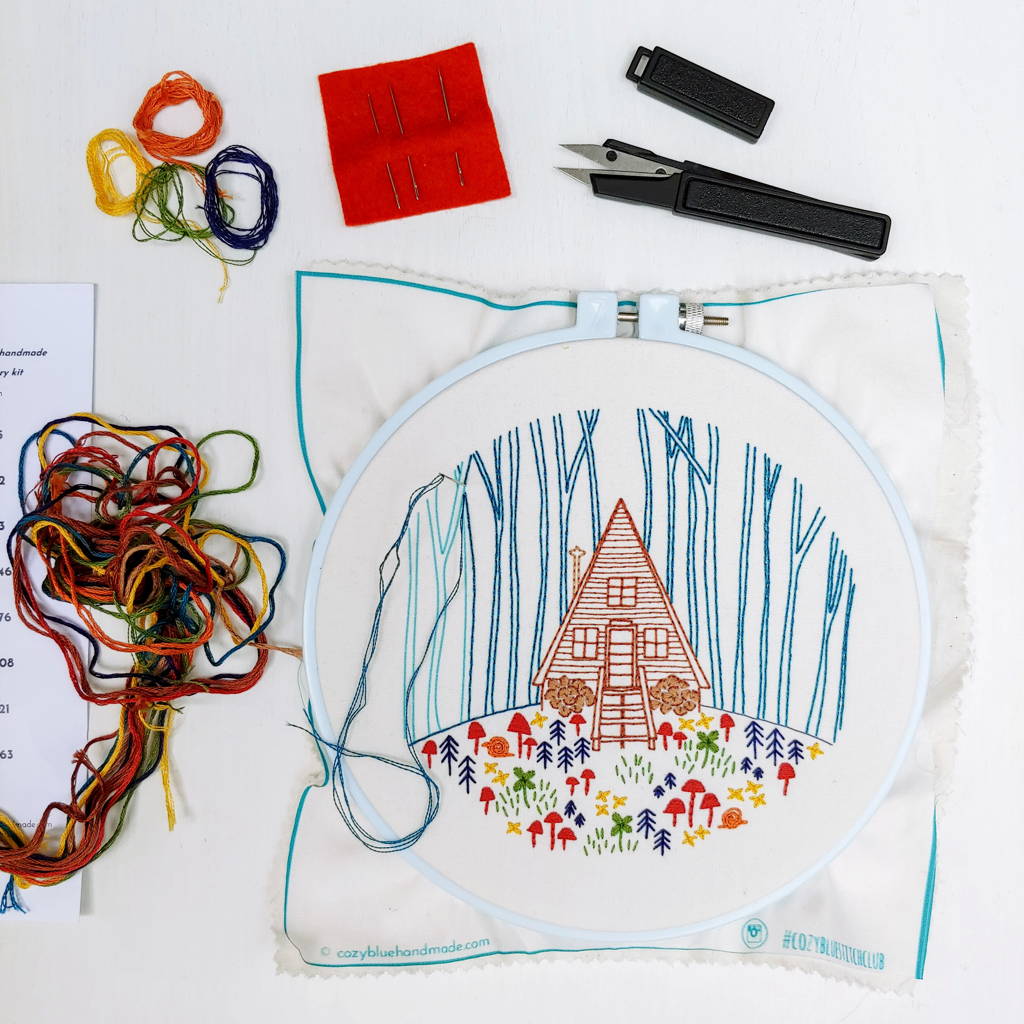 DIY Cozy Cabin Embroidery Kit - CozyBlue Handmade