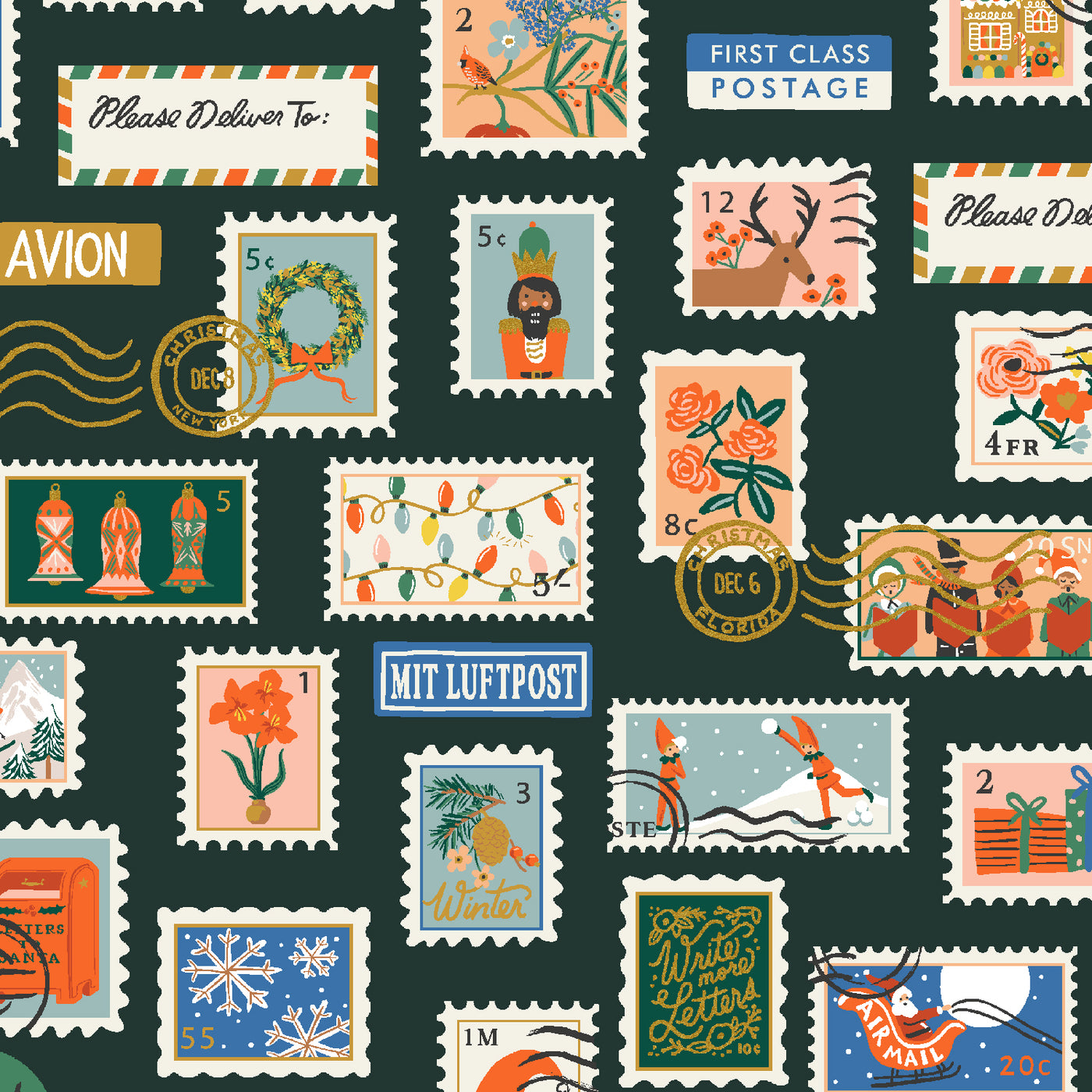 Holiday Classics - Holiday Stamps by Cotton + Steel in Evergreen Canvas RP613-EV4CM